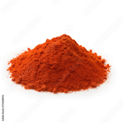 close up pile of finely dry organic fresh raw cayenne pepper powder isolated on white background. bright colored heaps of herbal, spice or seasoning recipes clipping path. selective focus