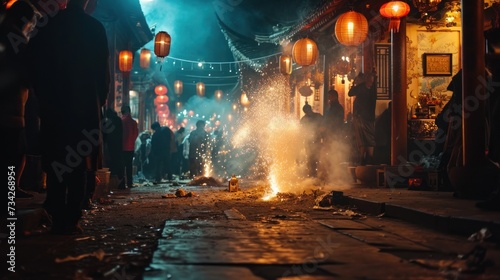 Close-up view of firecrackers exploding in old street to celebrate Chinese lunar new year.