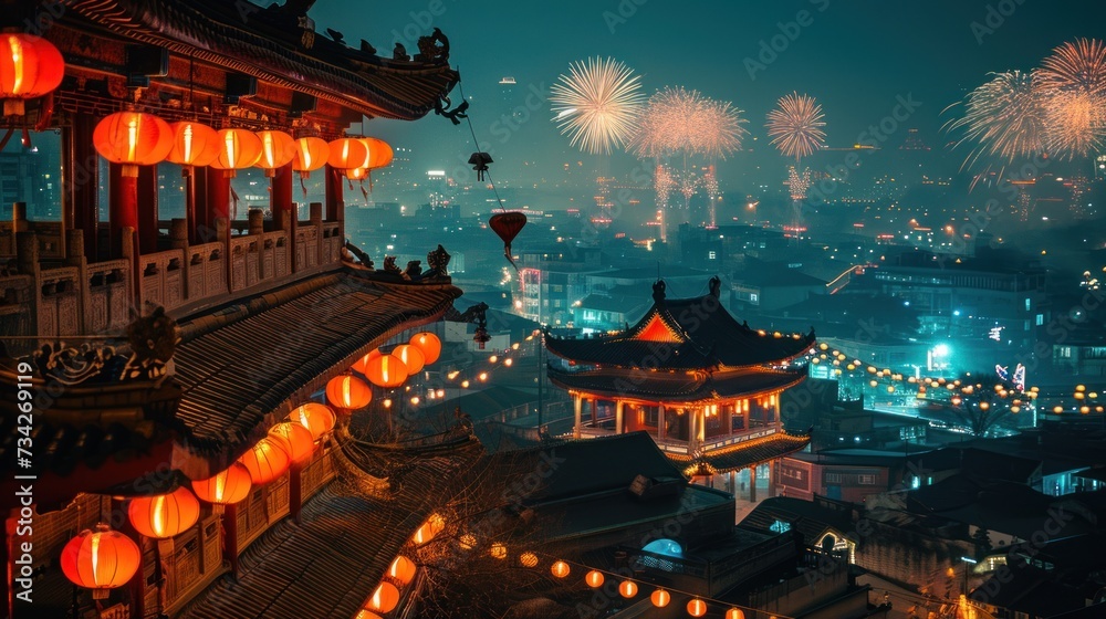 Lantern decoration on traditional building to celebrate Chinese lunar new year. - obrazy, fototapety, plakaty 