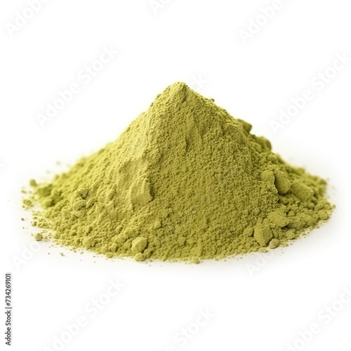 close up pile of finely dry organic fresh raw celery powder isolated on white background. bright colored heaps of herbal, spice or seasoning recipes clipping path. selective focus