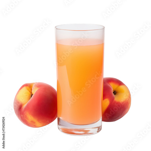 glass of 100% fresh organic nectarine juice with sacs and sliced fruits png isolated on white background with clipping path. selective focus photo