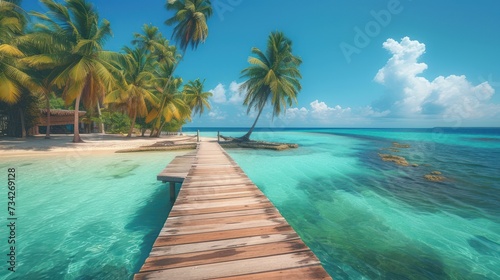  a dock leading to a tropical beach with palm trees on the other side of the water and a hut on the other side of the water.