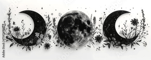 Background with moon phases with flowers. Black and white color background. AI  photo