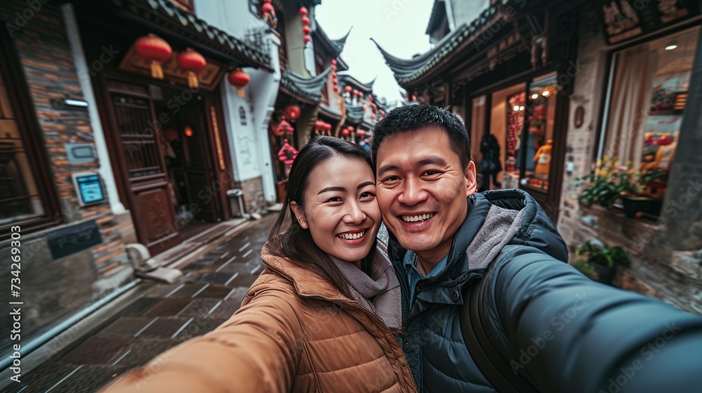 A young couple taking selfie in old town street with Chinese lunar new year decoration.