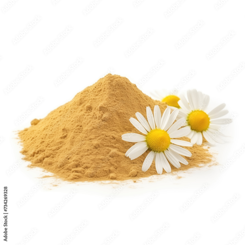 close up pile of finely dry organic fresh raw chamomile flower powder isolated on white background. bright colored heaps of herbal, spice or seasoning recipes clipping path. selective focus - obrazy, fototapety, plakaty 