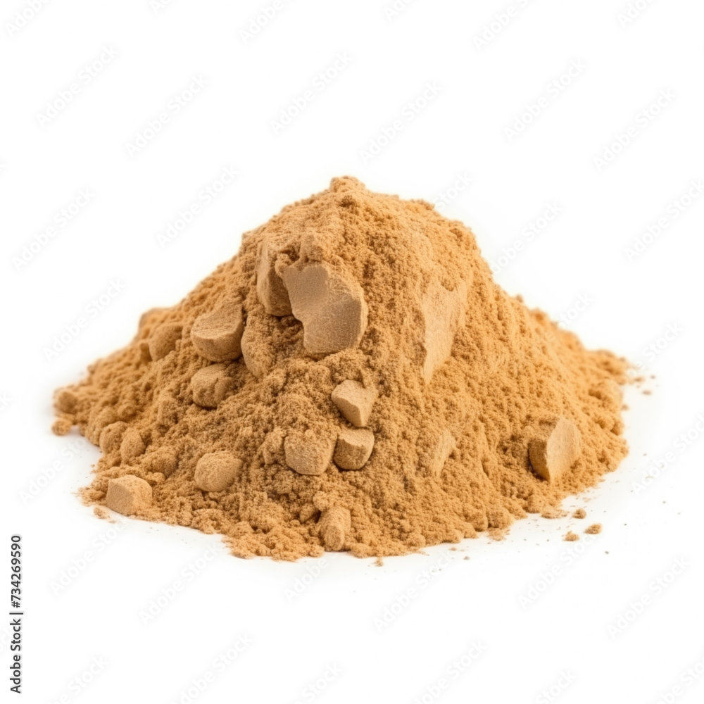 close up pile of finely dry organic fresh raw chanterelle mushroom powder isolated on white background. bright colored heaps of herbal, spice or seasoning recipes clipping path. selective focus