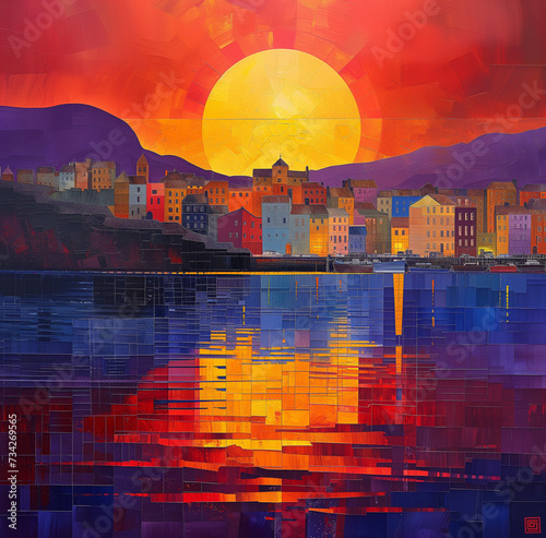 Sunset over the city on the water, artwork