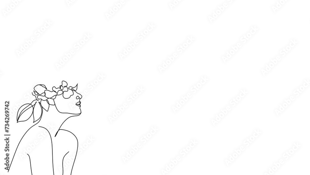 One continuous line drawing minimalist beauty nature cosmetic hairstyle. A flower bouquet in woman's head abstract face concept. 4k stock video of a developing with alpha channel.