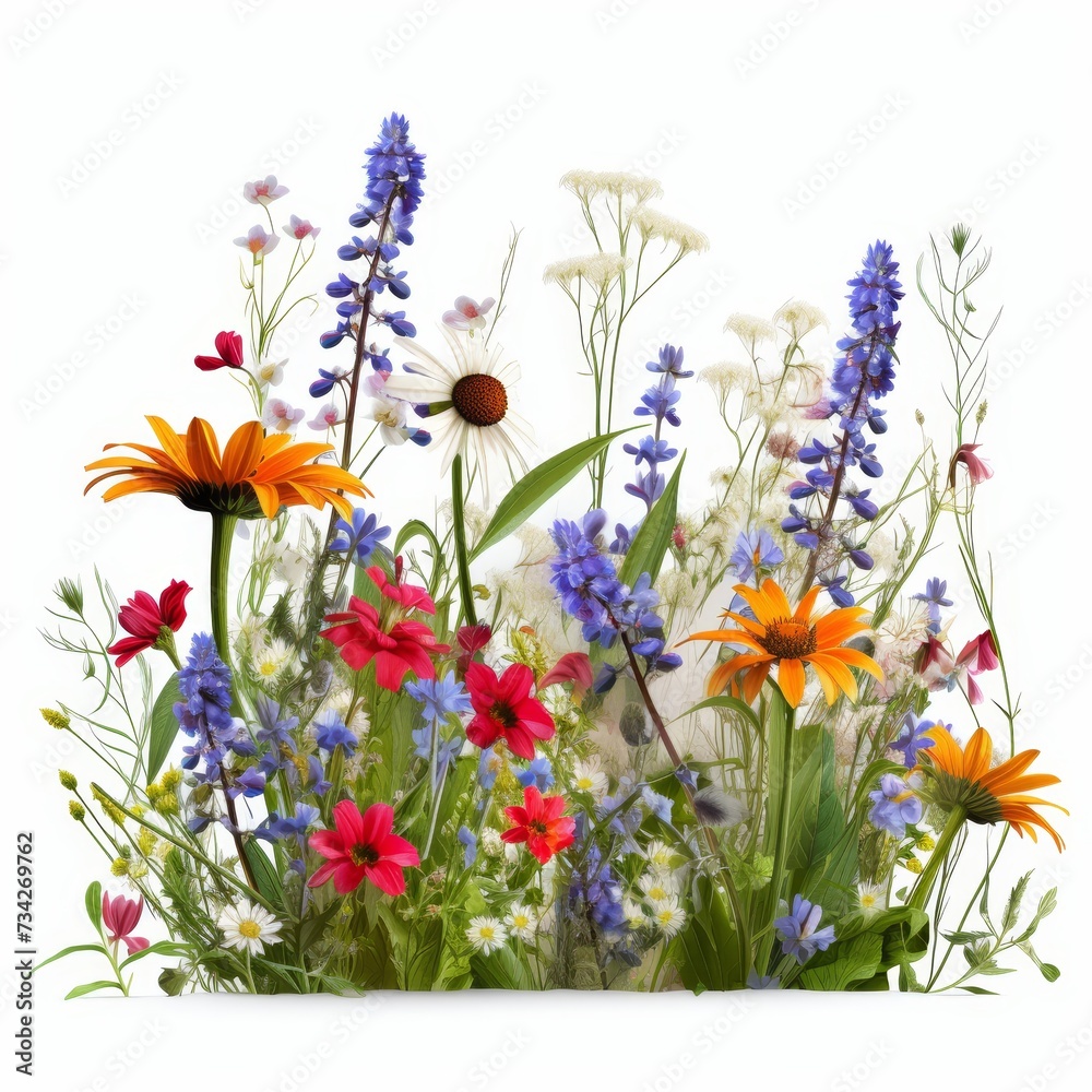 Colorful wildflowers in various hues blooming vibrantly on a soft white background
