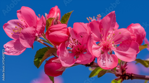 A branch with bright pink flowers against a blue sky. Flowering fruit trees. Spring