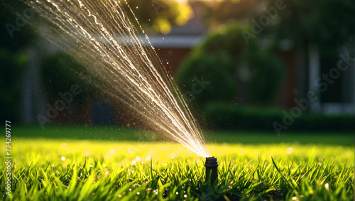 Garden watering system with automatic sprinklers for watering a green lawn. photo