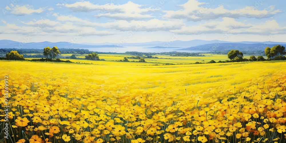 Yellow meadow field with many flowers. Nature outdoor landscape background scene with travel relaing drawing vibe