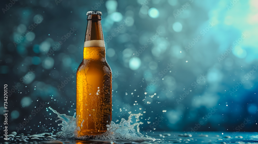 Blank beer bottle mockup with liquid slashes around Blank beer bottle mockup with liquid slashes around