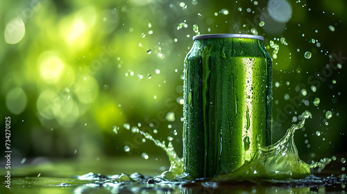 Blank green soda can mockup with green juice splashes around