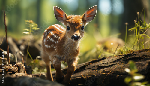 Cute deer looking at camera in green meadow generated by AI © Gstudio