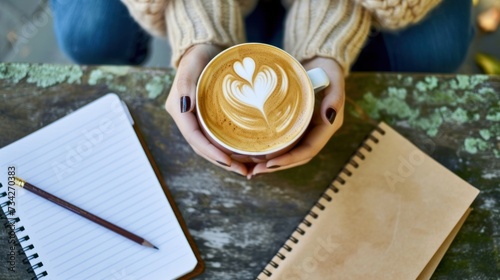 Coffee with heart shape latte art and notebook pen.