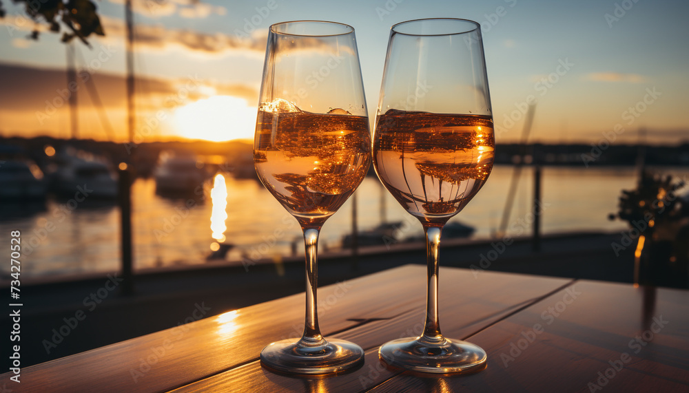 Romantic sunset, champagne drink, luxury yacht, relaxation, nature reflection generated by AI
