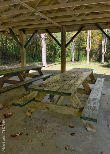 A shelter or pavilion at a county park with picnic tables to reserved for parties and family reunions