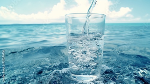  a glass filled with water sitting on top of a rock next to a body of water with a sky in the background.