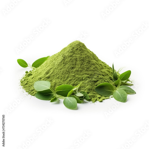 close up pile of finely dry organic fresh raw chickweed leaf powder isolated on white background. bright colored heaps of herbal, spice or seasoning recipes clipping path. selective focus photo