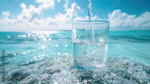  a glass filled with water sitting on top of a table next to a body of water with clouds in the background.