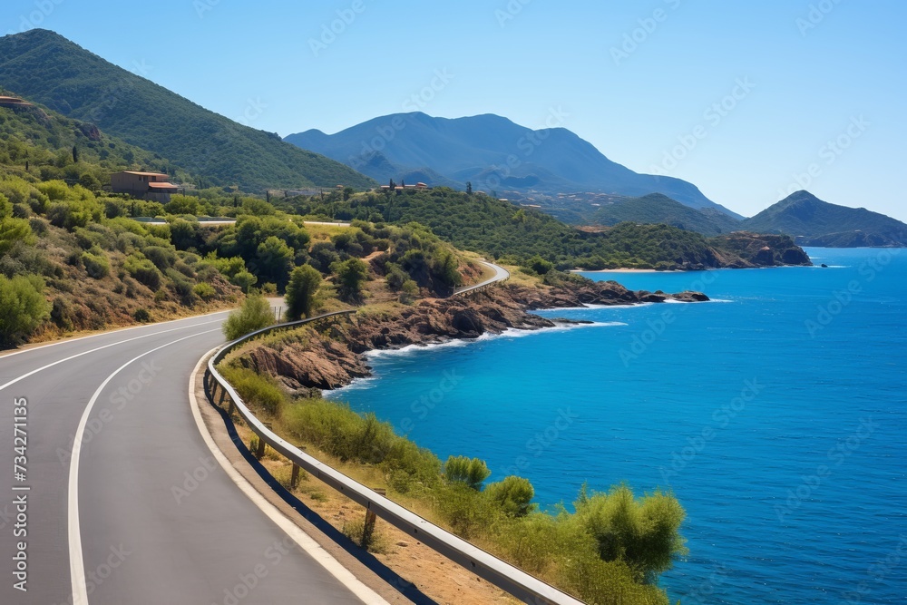 Beautiful coastal motorway running along the scenic seashore on a bright sunny day