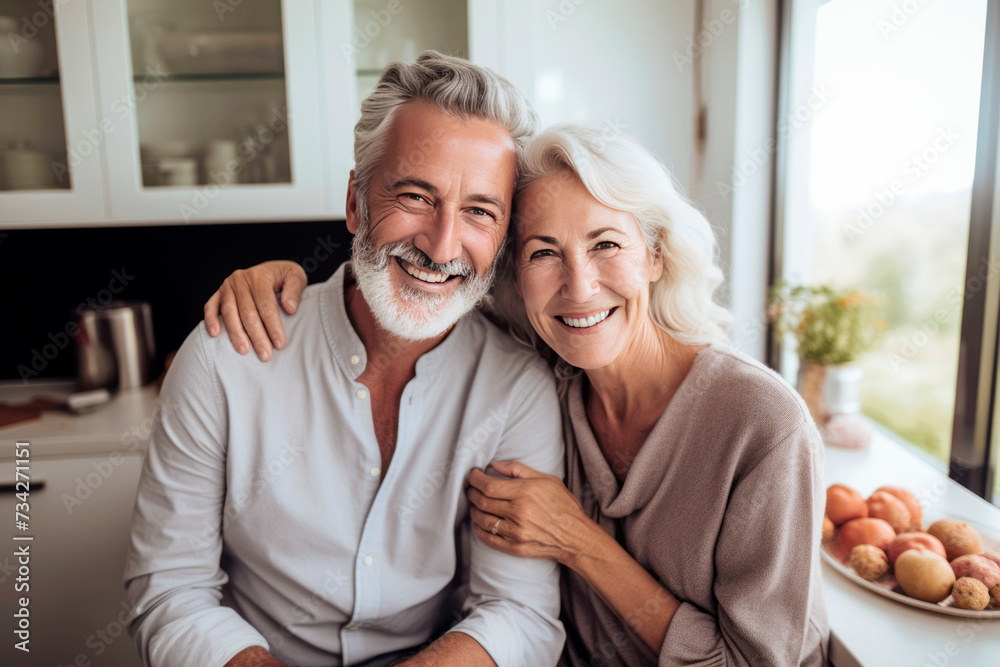 Grey-headed mature couple smiling at the kitchen. Third age, retirement, pension plans, health insurance, well-being. Grey-headed mature couple smiling at the kitchen. Third age, retirement, pension plans, health insurance, well-being.