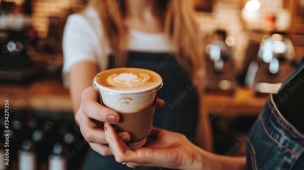 A barista is handling to a customer a coffee with heart shape latte art with milk in a coffee shop.