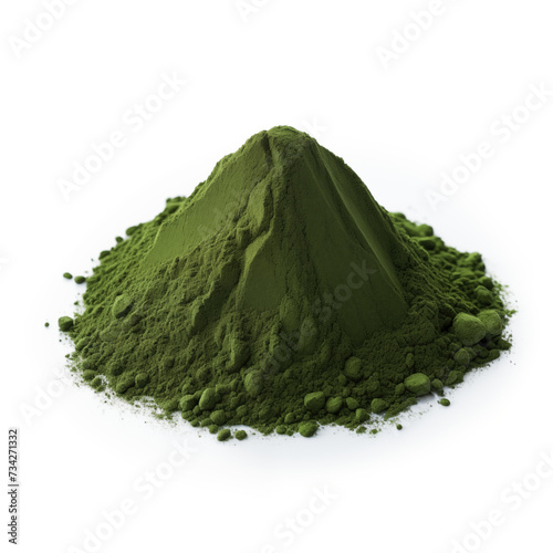 close up pile of finely dry organic fresh raw chlorella powder isolated on white background. bright colored heaps of herbal, spice or seasoning recipes clipping path. selective focus photo