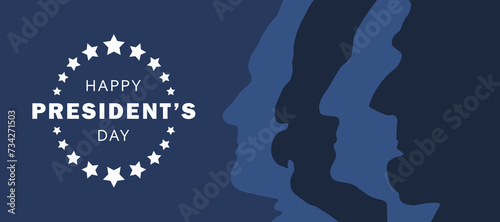 Happy Presidents Day banner. Federal holiday in America. Banner with silhouettes of the faces of four US presidents Lincoln, Washington, Jefferson, Roosevelt