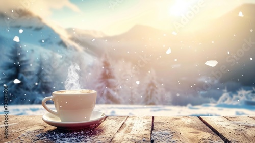 Close-up view of a cup of coffee on table in a snowy winter in wild.