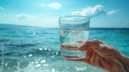  a hand holding a glass of water in front of a body of water with blue sky and clouds in the background.
