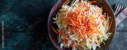Freshly shredded white cabbage and grated carrot coleslaw topped with homemade mayonnaise dressing photo