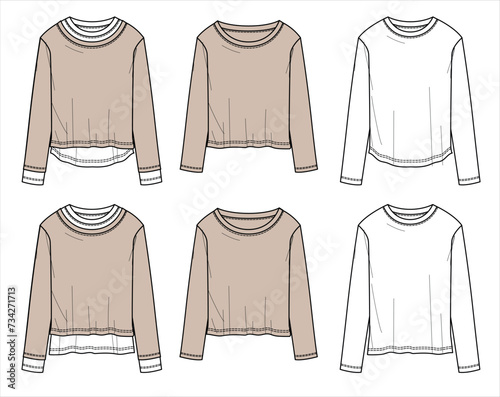 Vector double long sleeved t shirt fashion CAD, woman winter round neck  loose top technical drawing, template, sketch, flat, mock-up. Jersey modern 6 pieces set top with front, back view, white color
