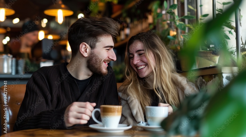A young couple enjoying coffee together in a coffee shop.