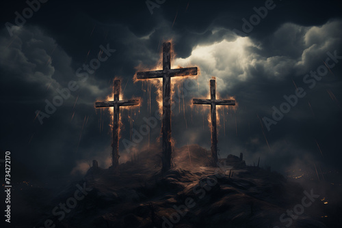  Three crosses standing on a dark hill with storm clouds behind them.