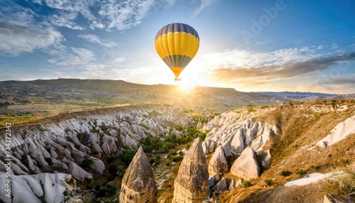 Hot air balloon flying over rocky landscape in Cappadocia