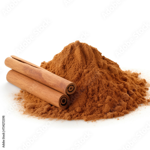 close up pile of finely dry organic fresh raw cinnamon powder isolated on white background. bright colored heaps of herbal, spice or seasoning recipes clipping path. selective focus