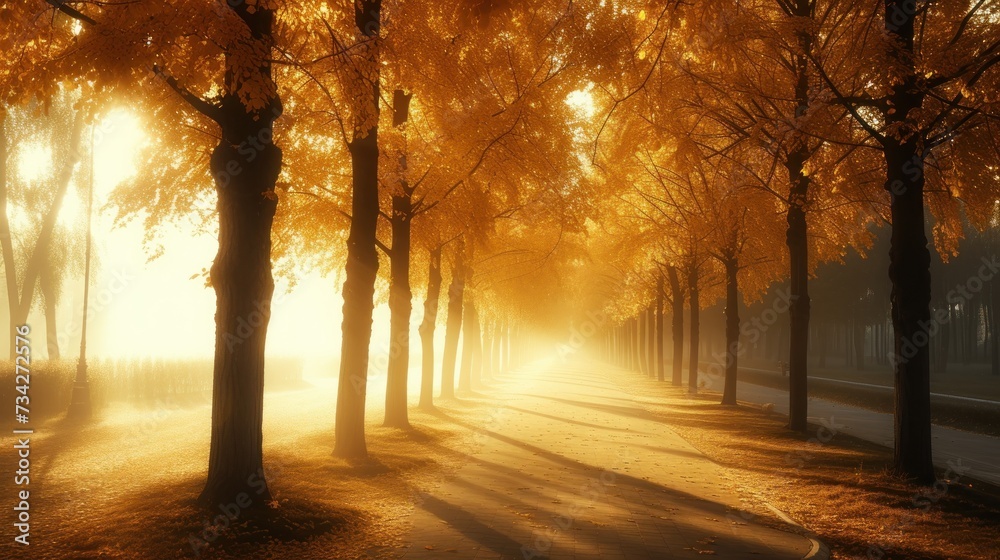  the sun shines through the trees on a foggy day in an autumn park on a foggy day.