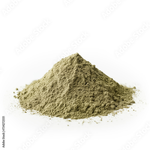 close up pile of finely dry organic fresh raw cleavers herb powder isolated on white background. bright colored heaps of herbal, spice or seasoning recipes clipping path. selective focus