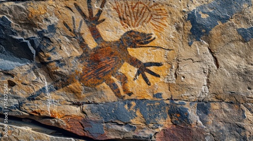 Prehistoric rock painting on ancient cave wall by caveman.