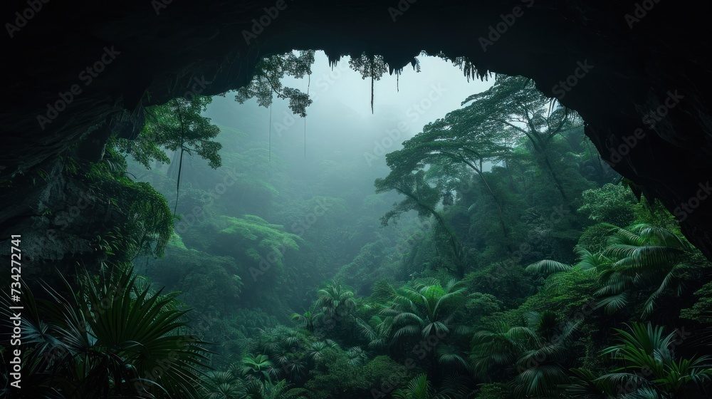 Prehistoric forest jungle viewed from a cave with giant trees.