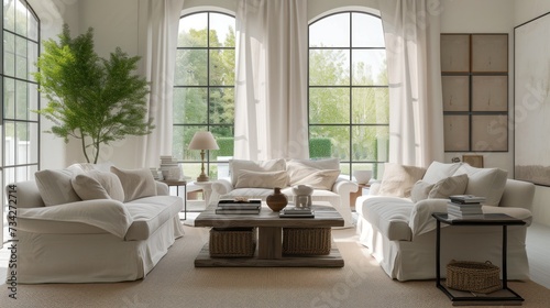 a living room filled with white couches and a table with a potted plant in front of two large windows.