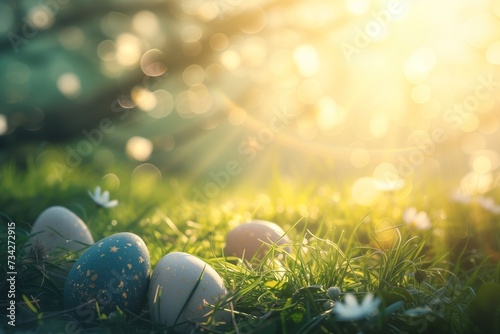 Easter background with colored eggs in the sunlight
