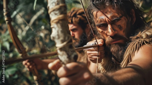 Caveman in prehistoric jungle hunting. Photorealistic.