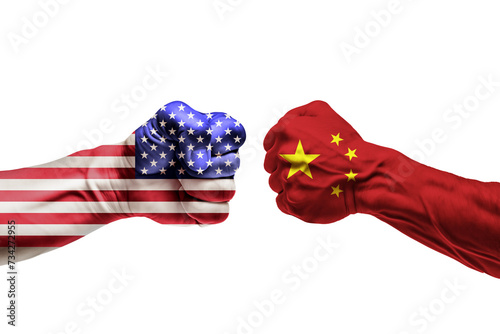 Conflict USA vs. China, fists facing each other with a transparent background