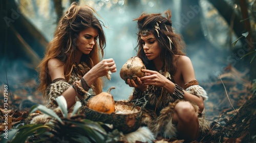 Cavewoman in field collecting food in prehistoric jungle. Photorealistic.