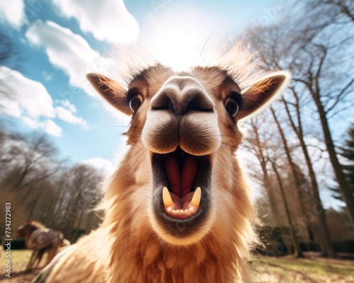  a close up of a llama s face with it s mouth open and it s mouth wide open.