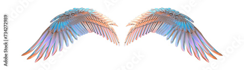 The image displays a symmetrical pair of intricately detailed wings with a rich palette of blues, purples, and hints of orange, spread out for display against a muted gray background. Each feather is  photo