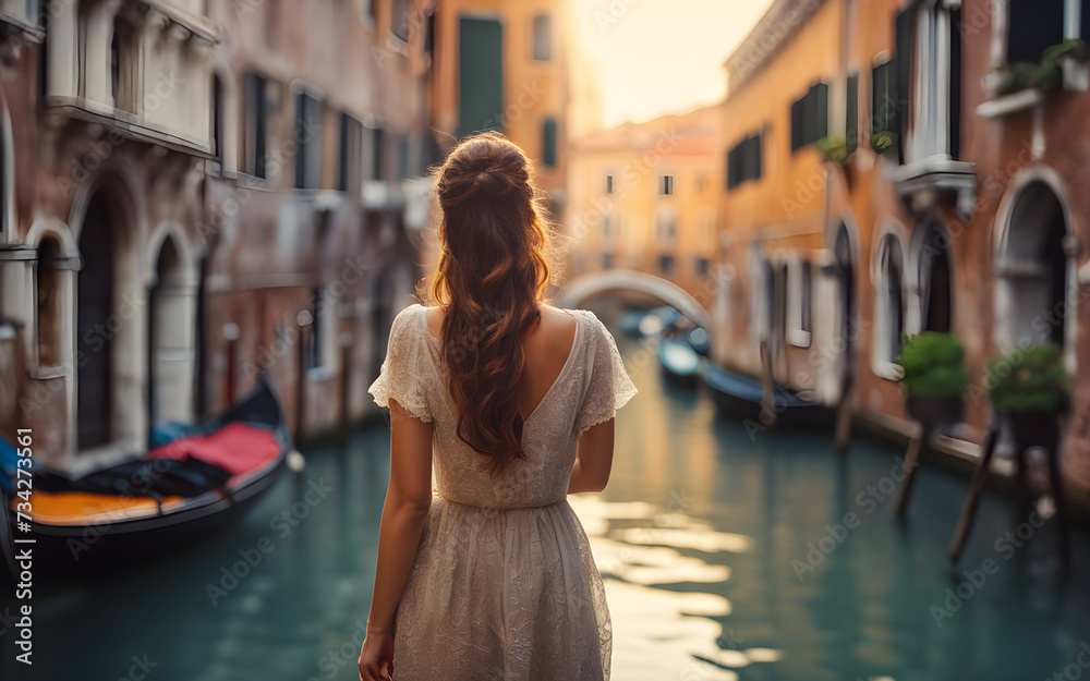 Rear centered view of a european traveler girl in the old town of Venice, Italy
